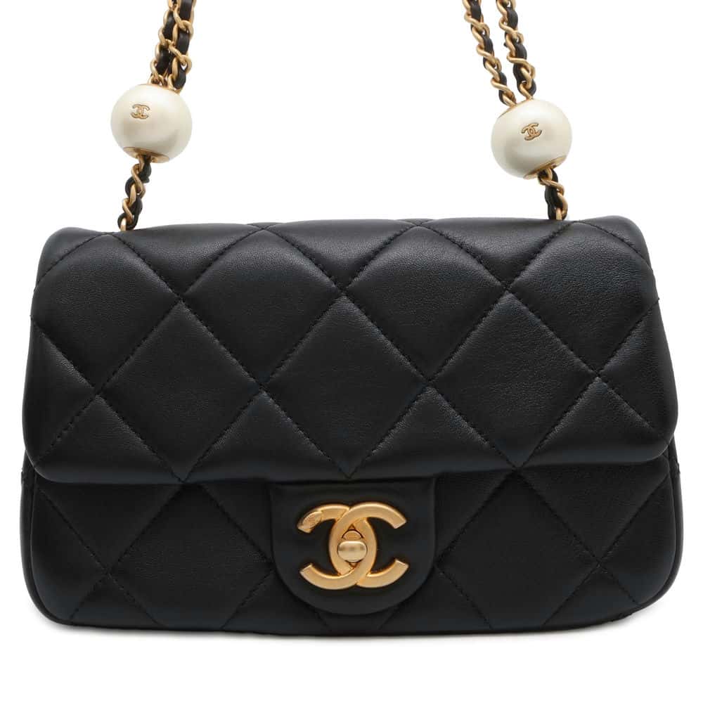 Chanel Matelasse Pearl Ball Flap Bag Black AS4861 Lambskin Faux Pearl Size Small