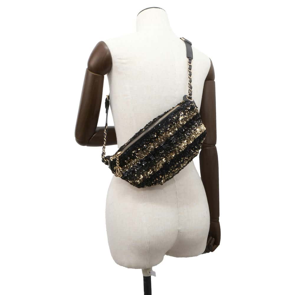 Chanel Cruise Line Matelasse ChainShoulder Bag Black/Gold Sequins Leather