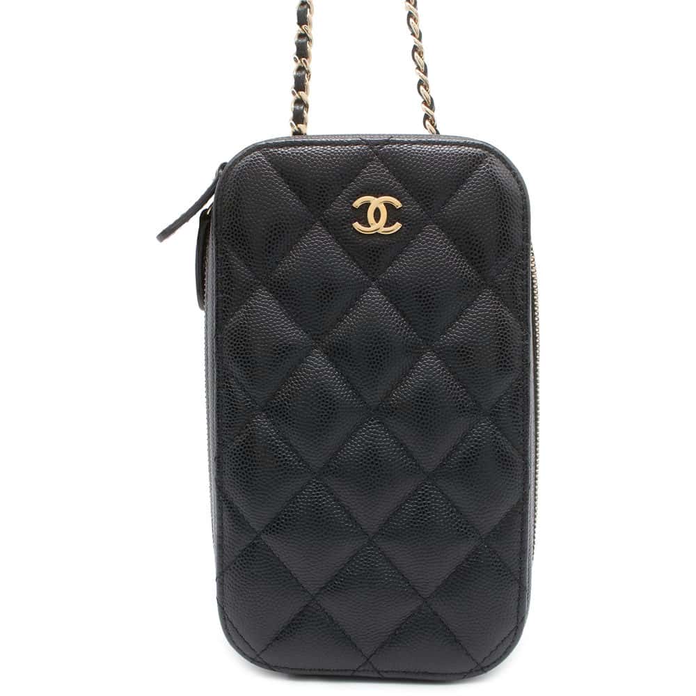 Chanel CC Logo Phone Holder Black A70655 Caviar Leather