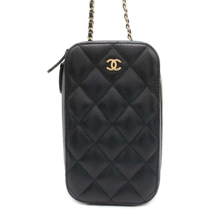 Chanel CC Logo Phone Holder Black A70655 Caviar Leather