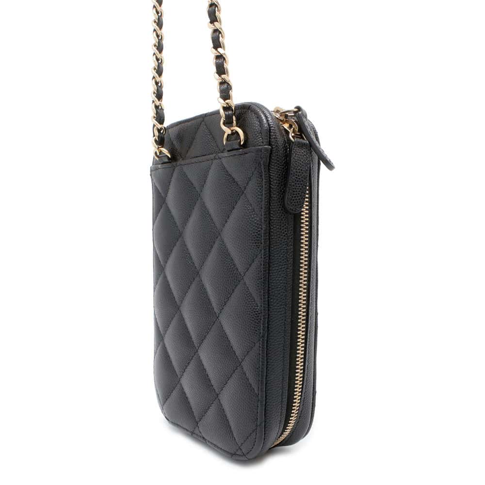 Chanel CC Logo Phone Holder Black A70655 Caviar Leather