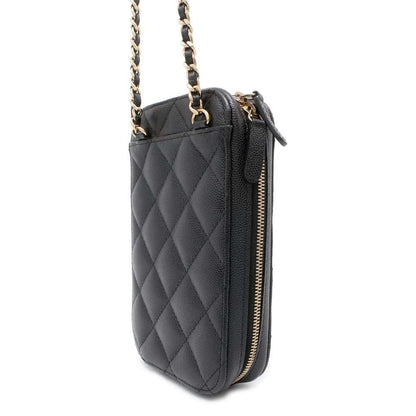 Chanel CC Logo Phone Holder Black A70655 Caviar Leather