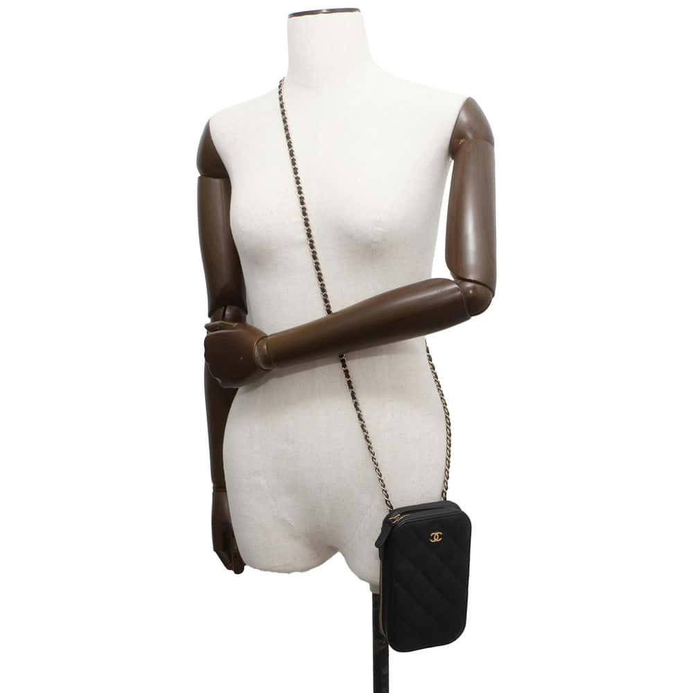Chanel CC Logo Phone Holder Black A70655 Caviar Leather