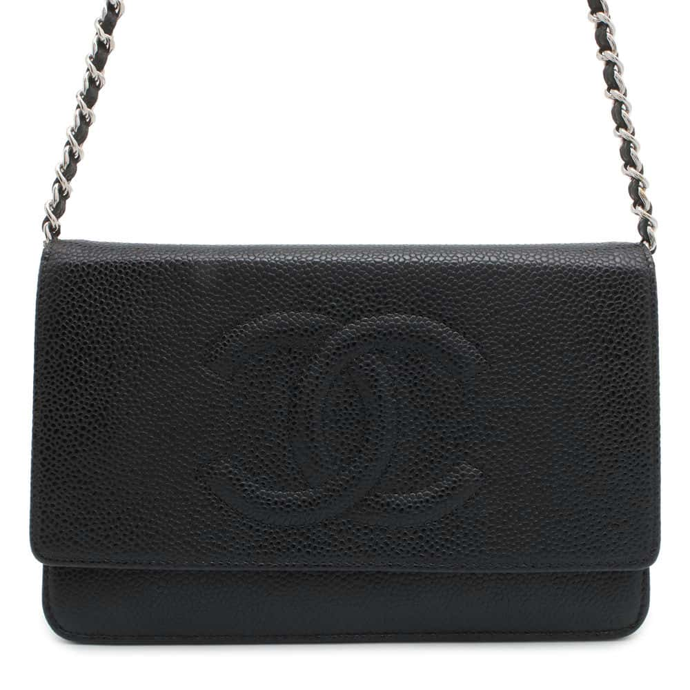 CHANEL CC Logo Chain Wallet Black A48654 Caviar Leather