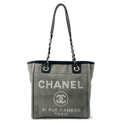 Chanel Deauville Chain Tote Gray/Black A66939 Canvas Leather Size PM