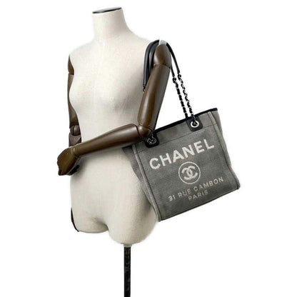 Chanel Deauville Chain Tote Gray/Black A66939 Canvas Leather Size PM
