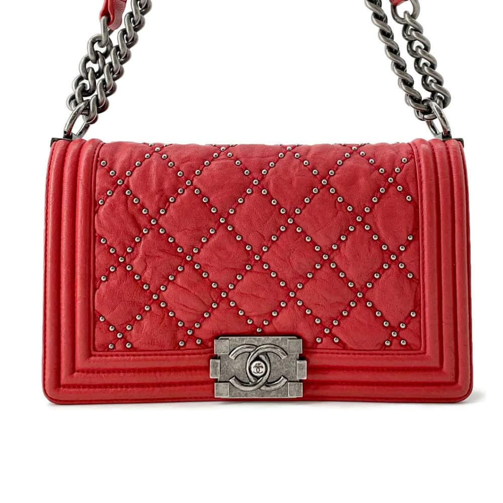 Chanel Boy Chanel ChainShoulder Studded Red A67086 Vintage calf Size 25