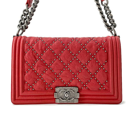 Chanel Boy Chanel ChainShoulder Studded Red A67086 Vintage calf Size 25
