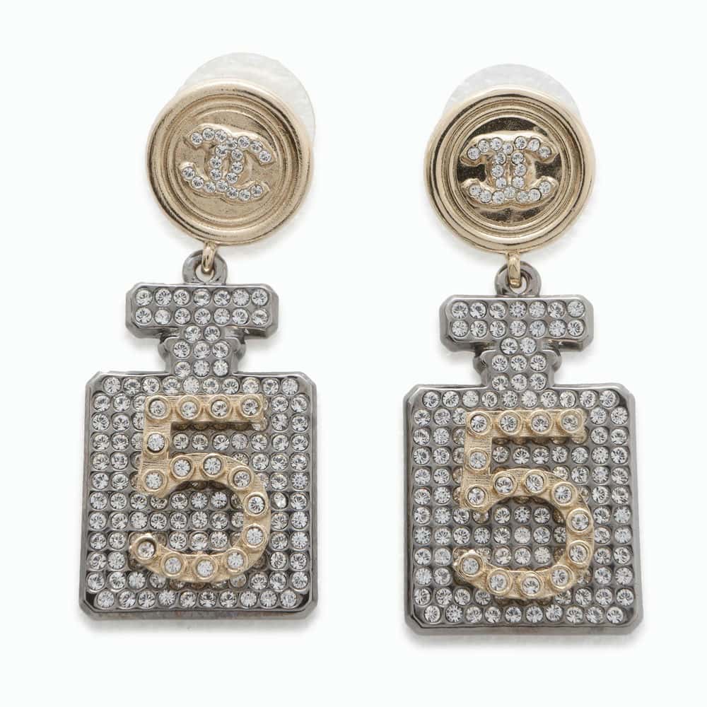 Chanel Round CC Logo Perfume Bottle Earrings Gold Metal  Rhinestone