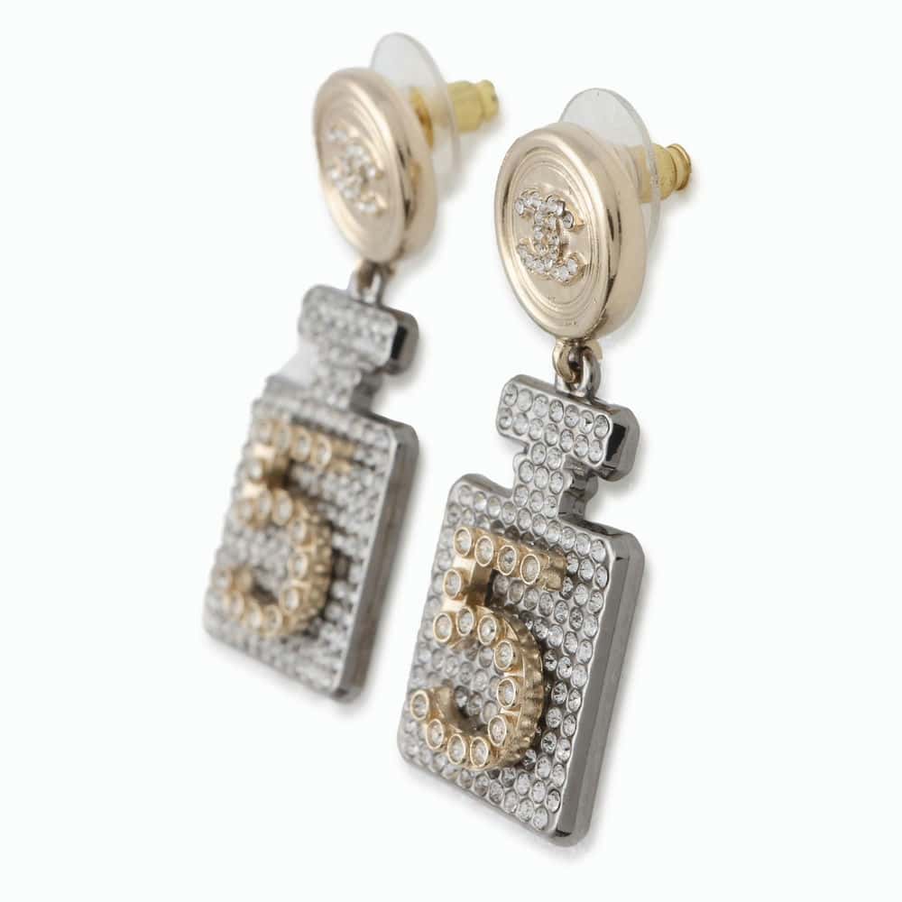 Chanel Round CC Logo Perfume Bottle Earrings Gold Metal  Rhinestone