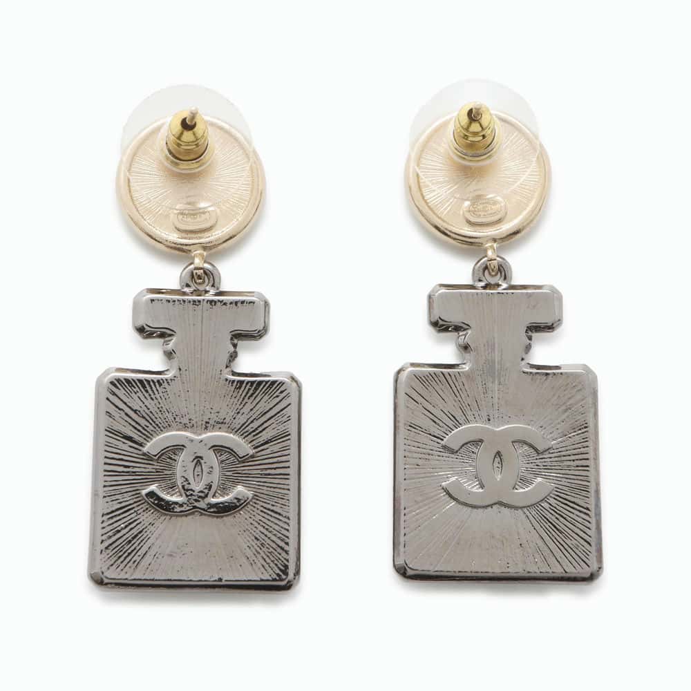 Chanel Round CC Logo Perfume Bottle Earrings Gold Metal  Rhinestone