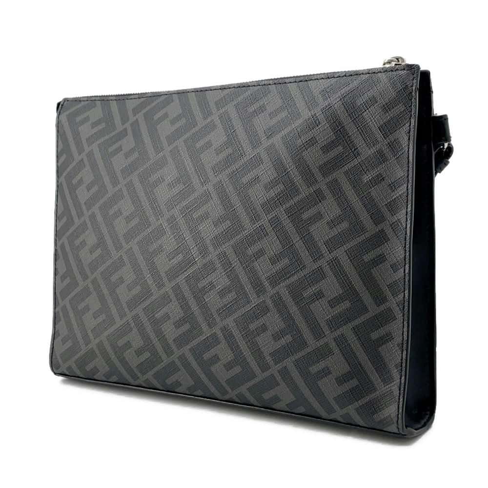 FENDI Zucca Slim Clutch Bag Black/Gray 7VA491 PVC Coated Canvas Leather