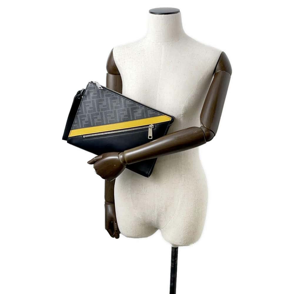 FENDI Zucca Slim Clutch Bag Black/Gray 7VA491 PVC Coated Canvas Leather