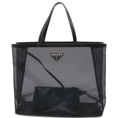PRADA Triangle Logo Mesh Shopping Bag Tote Bag Black 1BG416 Mesh Leather