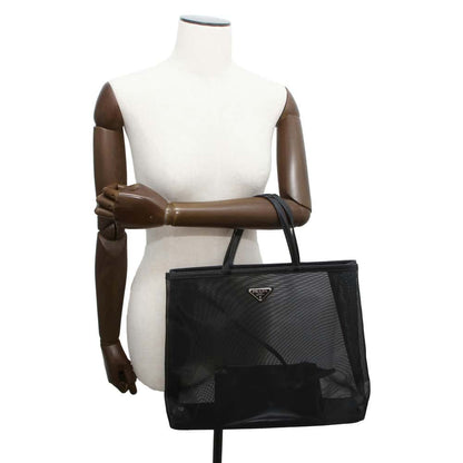 PRADA Triangle Logo Mesh Shopping Bag Tote Bag Black 1BG416 Mesh Leather