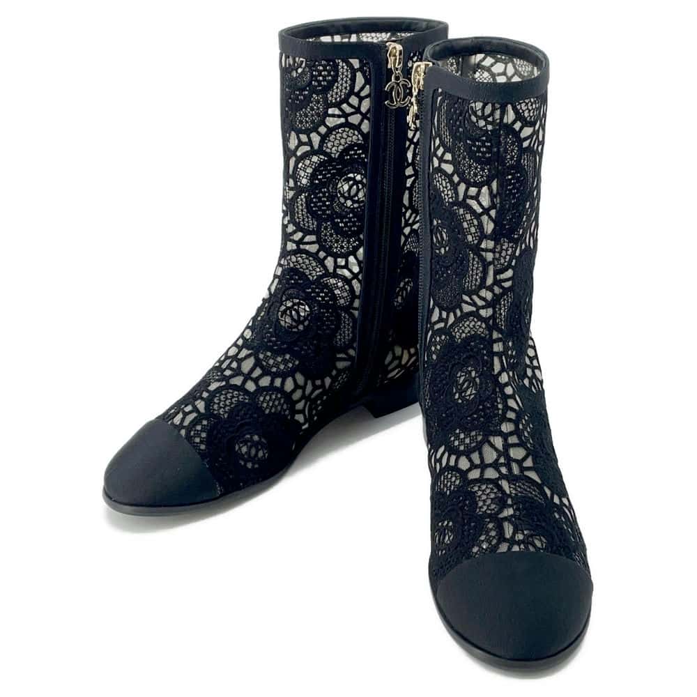 Chanel Embroidery Grosgrain short boots Black G45519 race Size 37C
