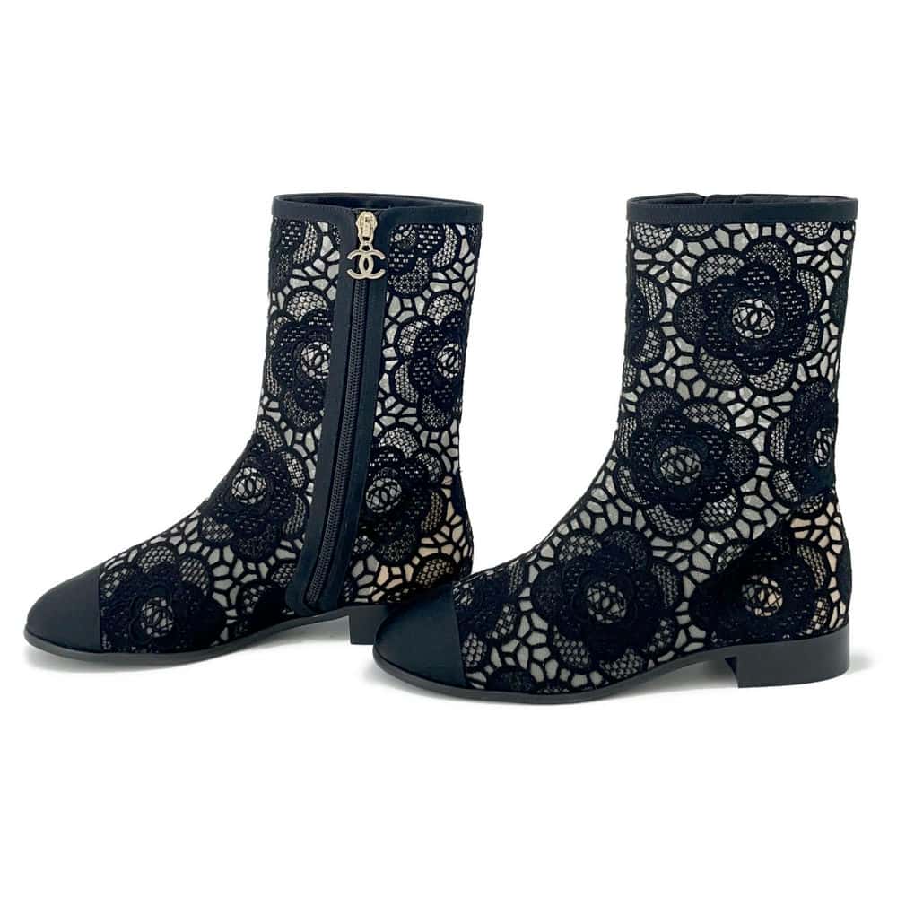 Chanel Embroidery Grosgrain short boots Black G45519 race Size 37C