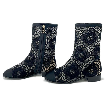 Chanel Embroidery Grosgrain short boots Black G45519 race Size 37C