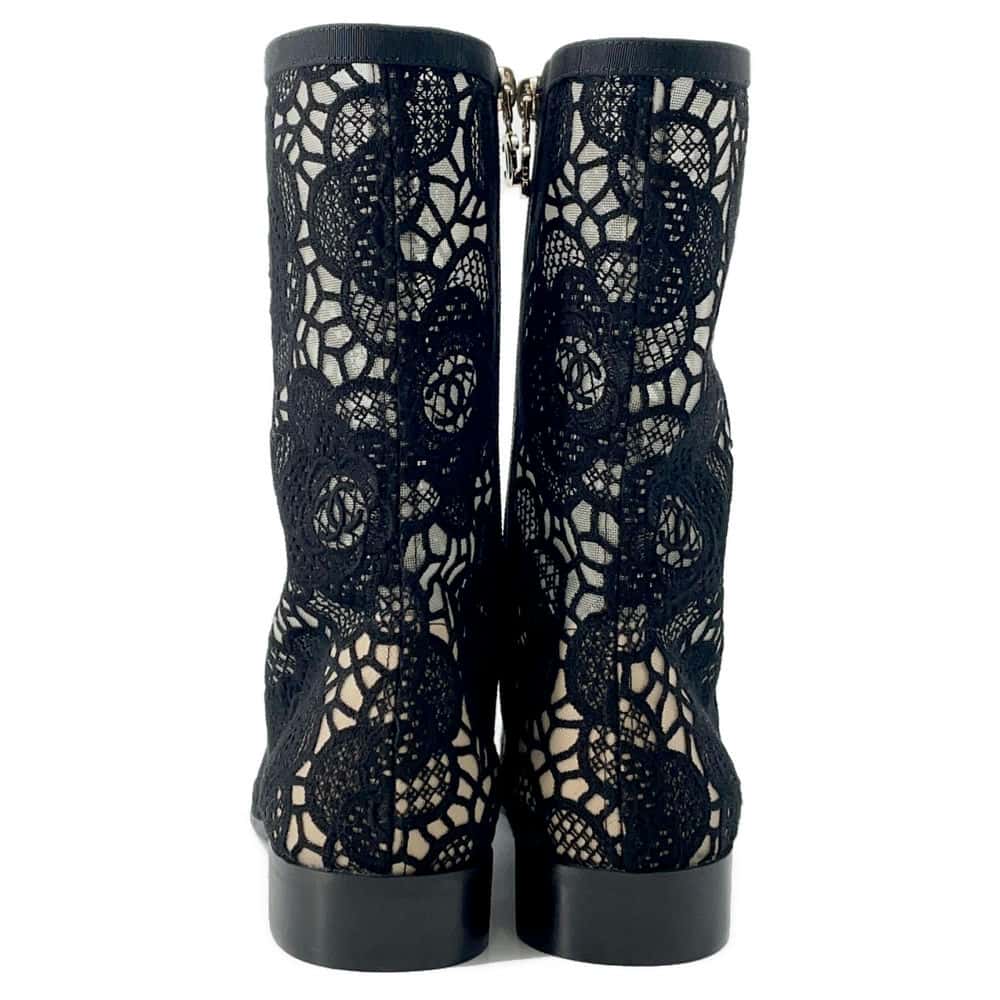 Chanel Embroidery Grosgrain short boots Black G45519 race Size 37C