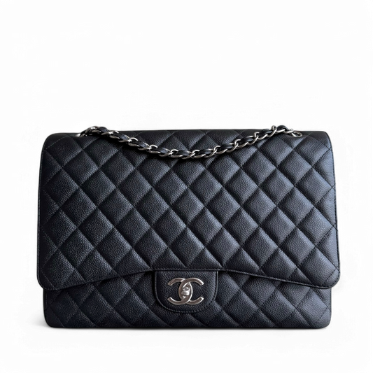 Chanel Classic Flap Maxi - Caviar 33CM Double Flap Black Silver Hardware Series 17
