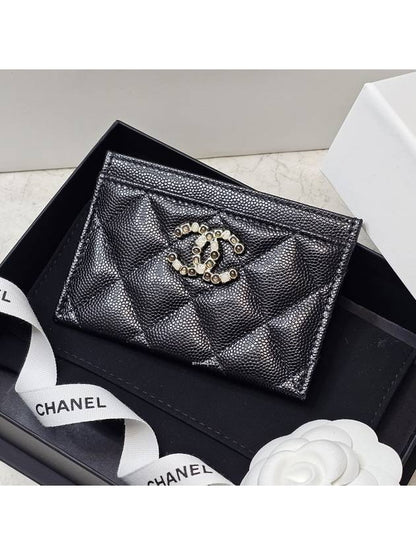 Classic CC Logo Grained Calfskin Card Wallet Black Chanel