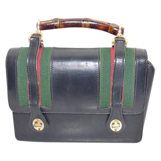 Gucci Black Leather Lunch-box Satchel w Bamboo Handle & Red & Green Stripes
