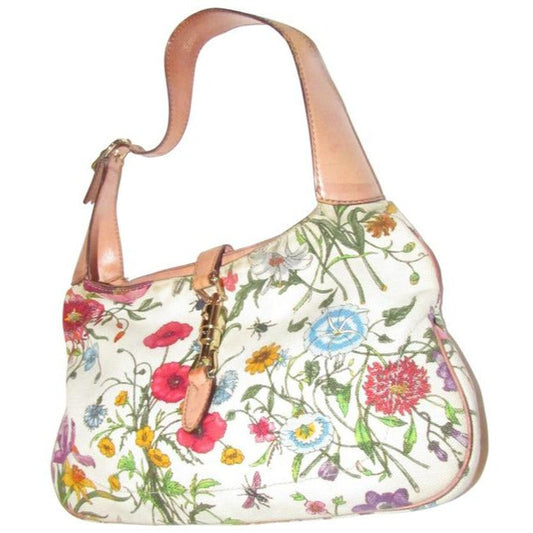 RARE, Gucci, unique, flora design fabric and nude leather, 1961 Jackie hobo style purse with vibrant colors, a gold piston closure