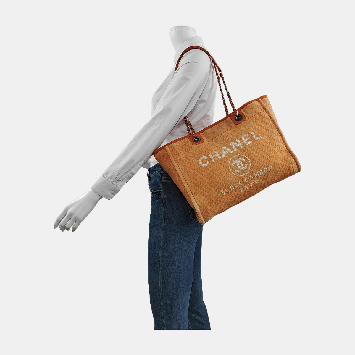 Chanel Deauville Tote Light Orange Denim Leather Trim Small 32cm