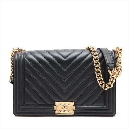 Chanel Boy Chanel 28   Chain Shoulder Bag Black Gold  28th A92193