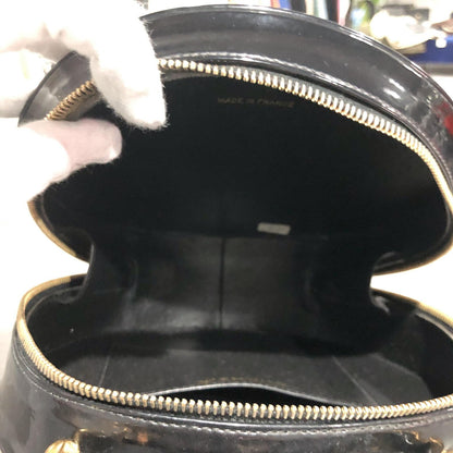Vanity Case Vintage Round Top Handle Quilted Black Patent Leather Clutch