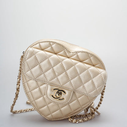Chanel In Love Heart Bag  Champagne Gold Quilted Lambskin with Big C