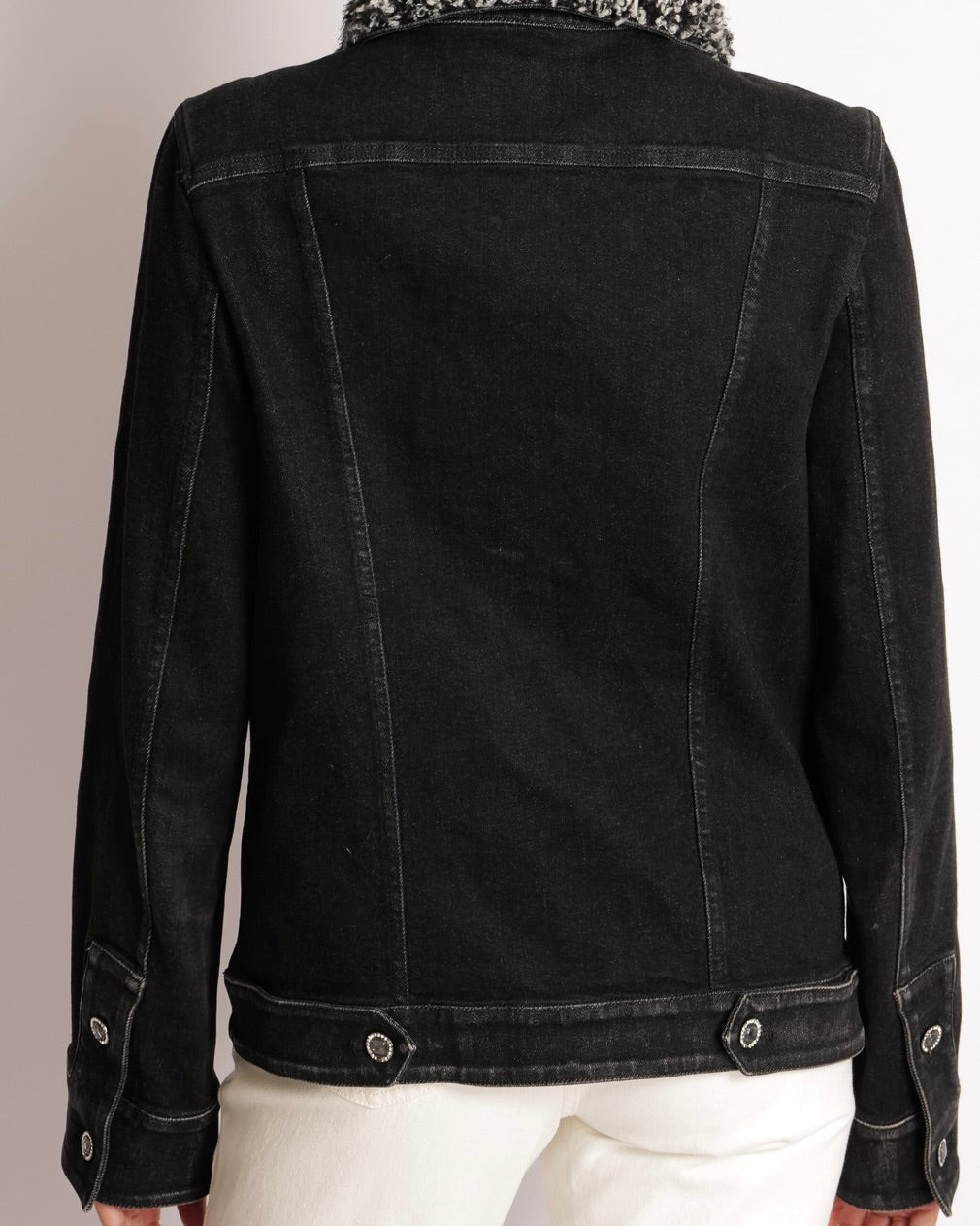 Chanel 16/A Black Denim Jacket with Black and White Shearling Pocket and Collar Details with Crystal Embellished CC Logo Buttons Size FR 38 (UK 10)