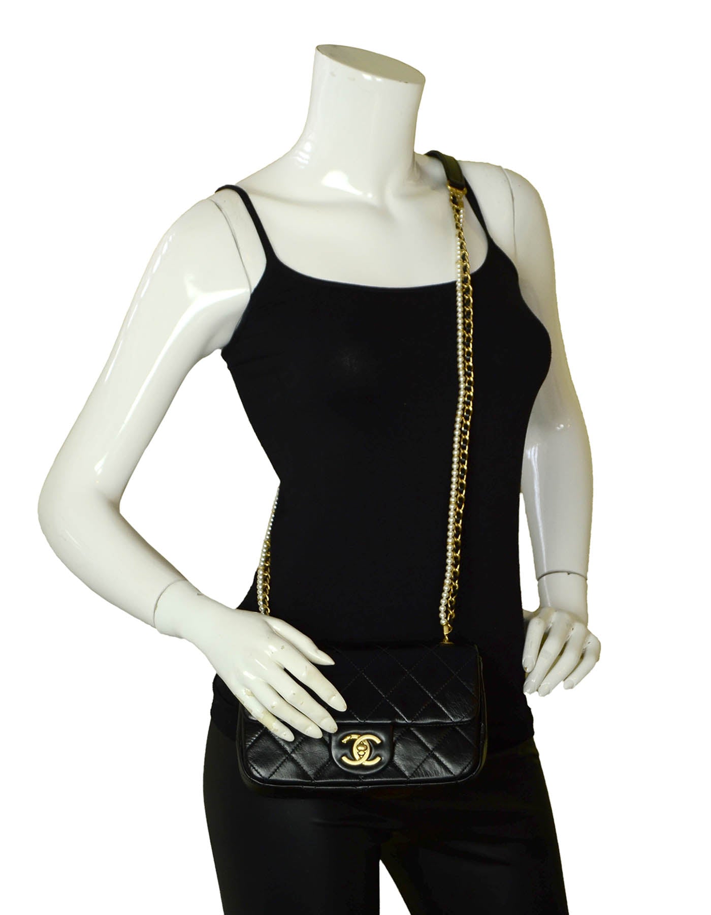 Chanel 2020 Black Calfskin Crystal Pearls Small Mini Flap Crossbody Bag