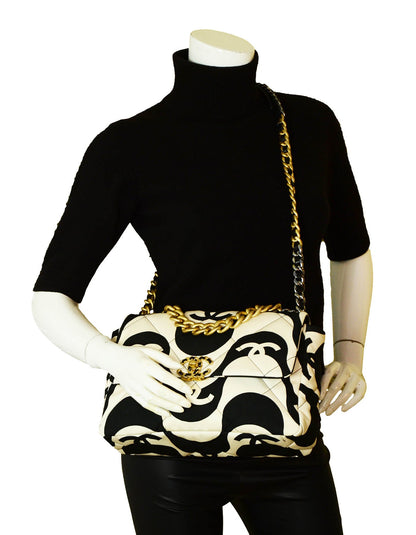 Chanel 2021 Black/ Ecru Fabric CC Printed Large 19 Flap Bag
