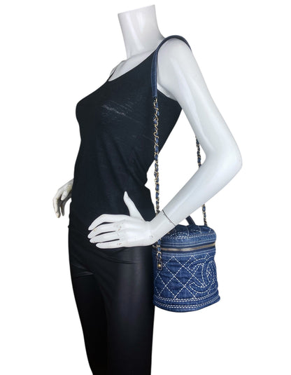Chanel Denim Quilted CC Vanity Case w/ Strap