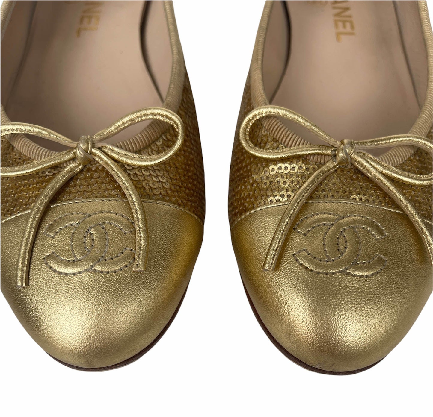 Chanel Gold Sequin Cap Toe Ballerina Flats sz 39.5