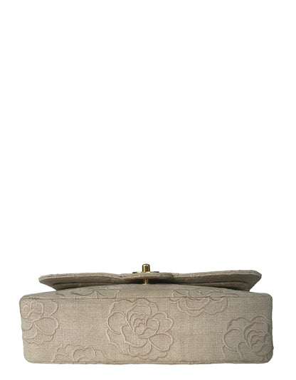 Chanel Ivory Canvas Camellia Embroidered Double Flap Classic