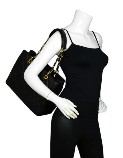 Chanel 2014 Discontinued Black Caviar Leather Quilted Grand Shopper Tote Bag
