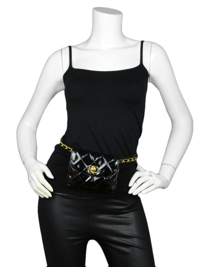 Chanel Black Patent Leather Quilted CC Twist-lock Leather Laced Belt Bag
