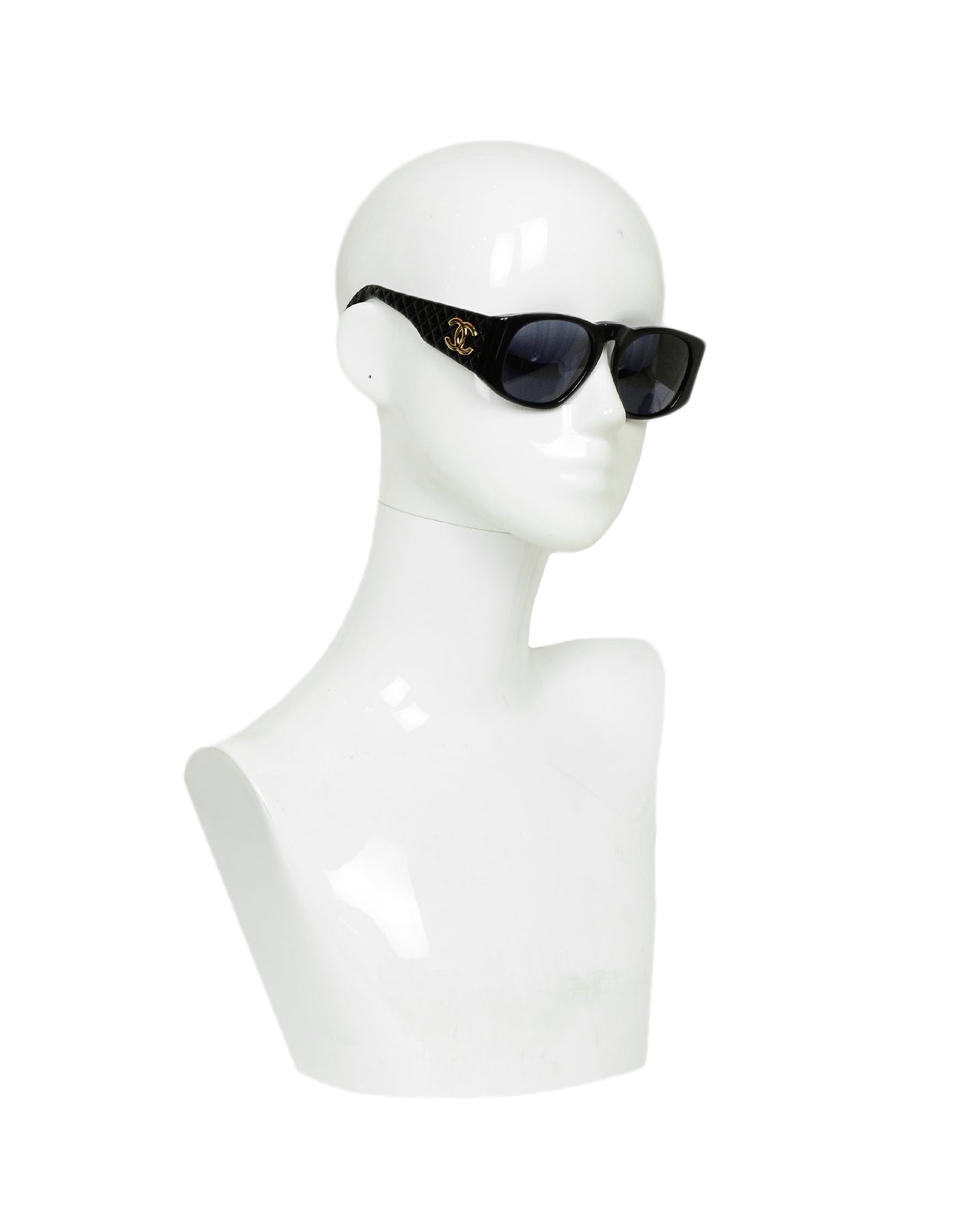 Chanel '90s Vintage Black Acetate Sunglasses w/ CC and Quilted Arms