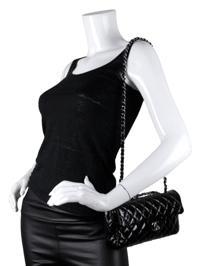 Chanel Black Distressed Patent Quilted East West Flap Bag