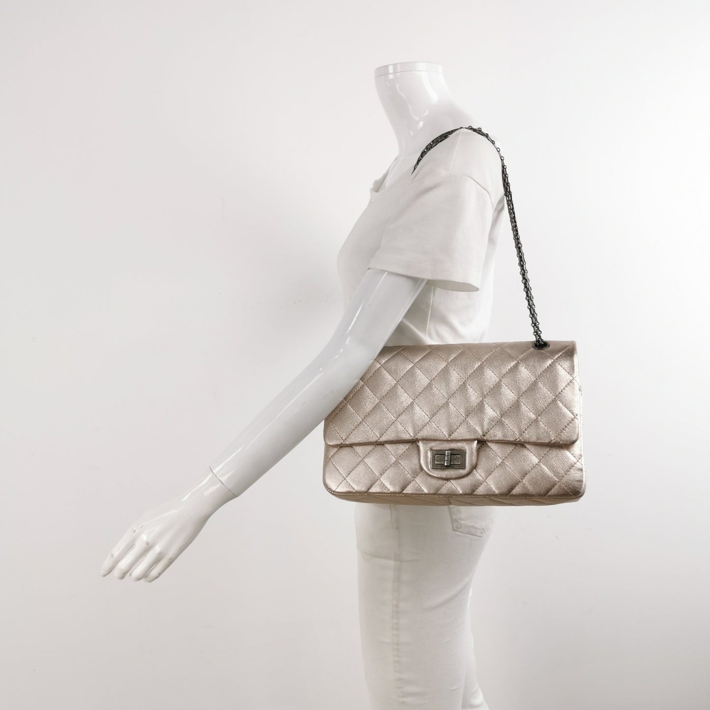 Chanel 2.55 Flap Bag Maxi Rose Gold Iridescent Lambskin Leather Silver Hardware