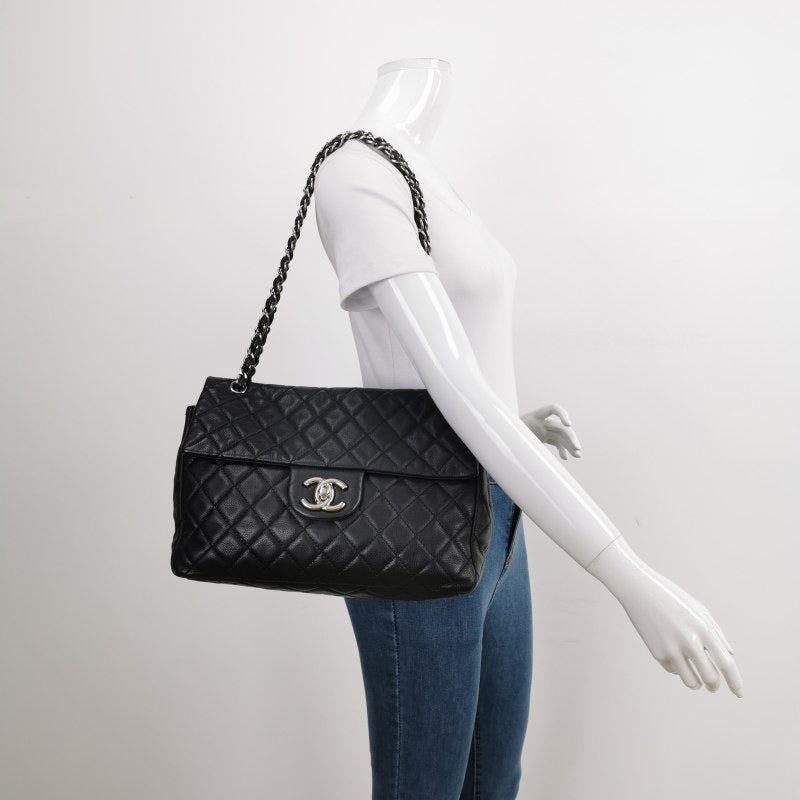 Chanel Classic Flap Maxi Black Soft Caviar Leather Silver-tone Hardware Giant CC Logo