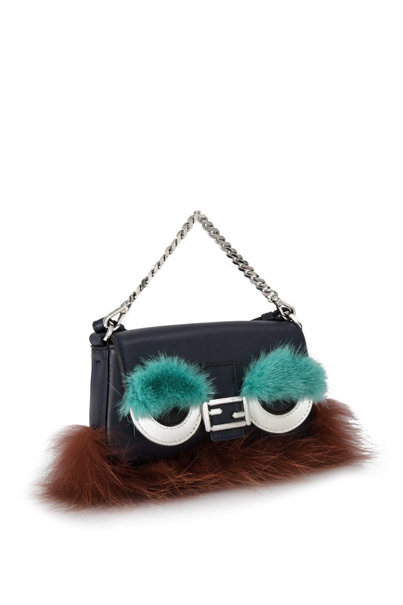 Fendi Blue Navy Calf Leather skin Bugs Mico Baguette Italy
