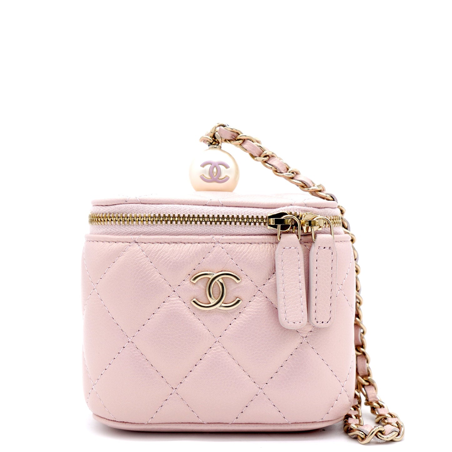 Mini Caviar GHW Vanity Case with Pearl Details Light Pink