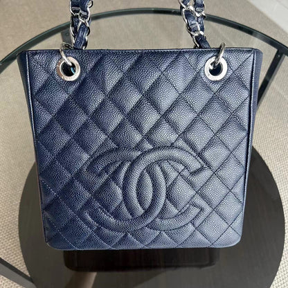 PST Petite Shopping Tote Caviar Quilted Dark Blue Silver Hardware Series 18