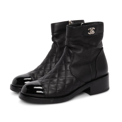Chanel Black Calfskin & Patent Cap Toe Ankle Boots 36