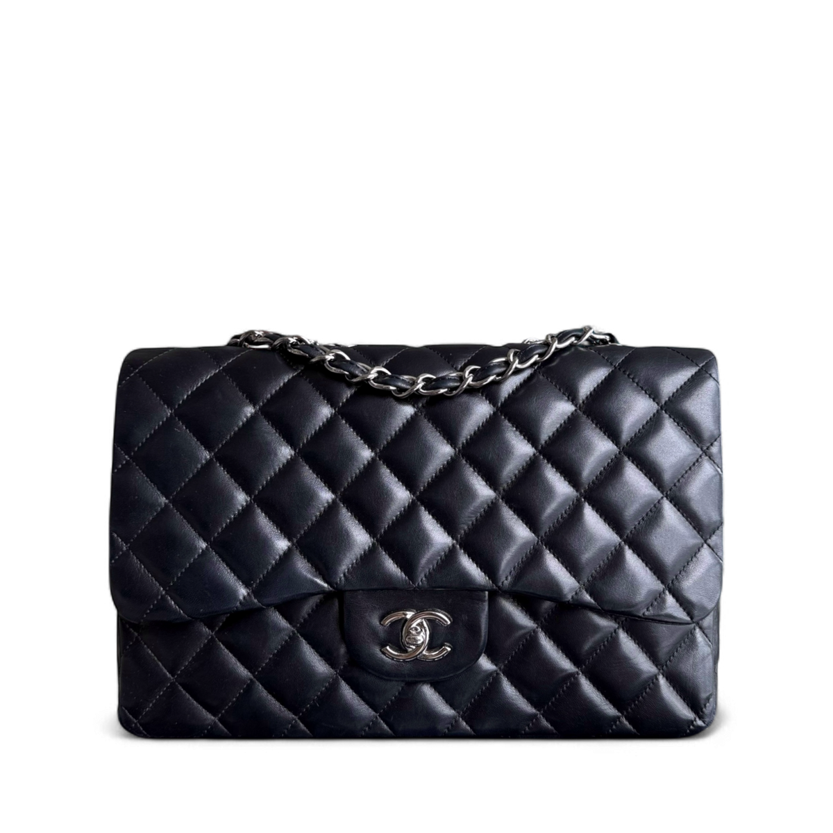 Chanel Classic Flap Jumbo - 30CM Quilted Lambskin Single Flap Black Silver Hardware