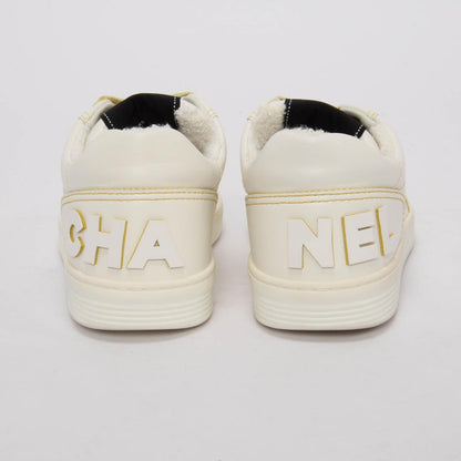 Chanel White & Yellow Calfskin Logo Sneakers 37.5