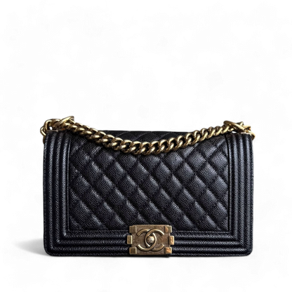 Chanel Boy Medium - Caviar 25CM Quilted Black Ruthenium Gold Hardware Series 20